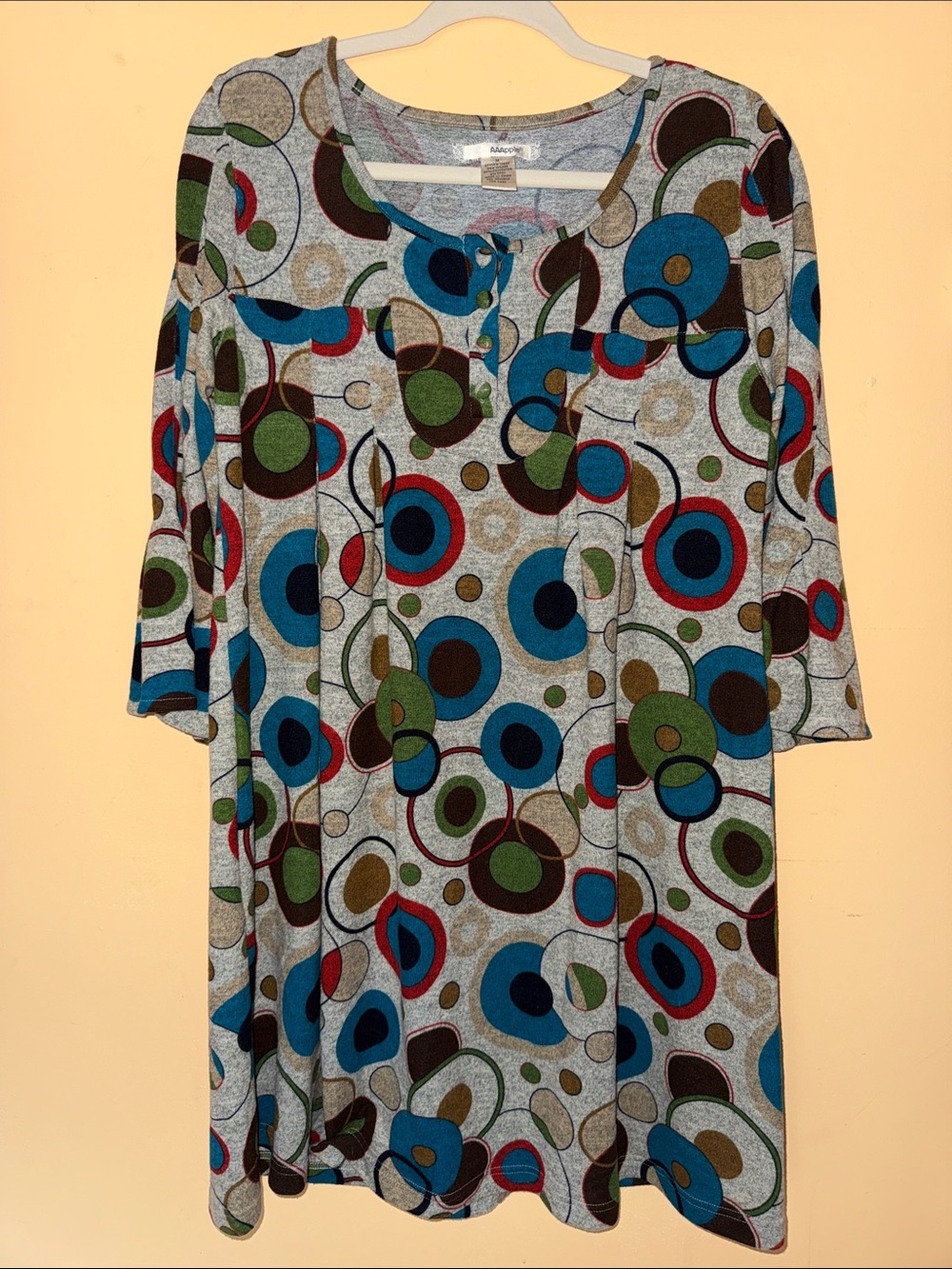AAApple Long Sleeve Tunic Dress Gray With Blue, Green, Red, Brown Accents Size M